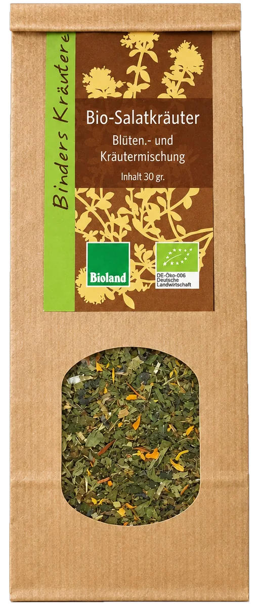 Bio-Salatkräuter: regionale Kräuter vom Freilandhof Binder in Ötisheim, Papierbeutel mit Sichtfenster und Etikett von Binders Kräuterei